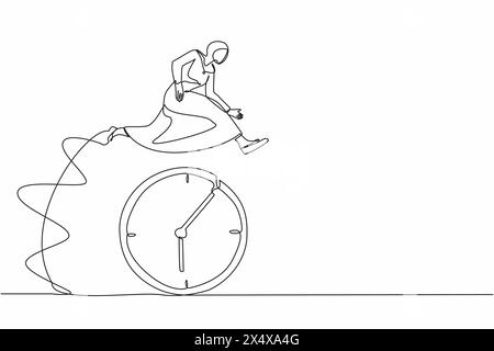 Continuous one line drawing Arabian businesswoman jump over time passing clock. Task planning, work effectiveness. Good time management, scheduling. S Stock Vector