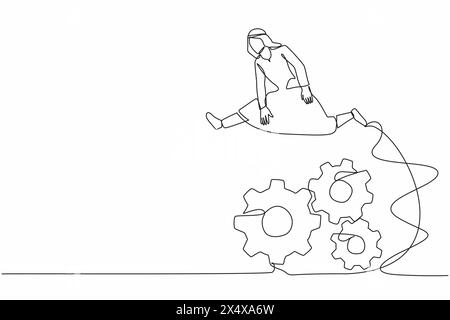 Continuous one line drawing Arabian businessman jumping over big gears. Male manager developing new business idea. Operation working system factory. S Stock Vector