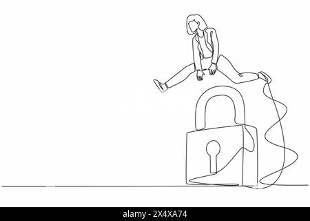 Single continuous line drawing businesswoman jumping big lock. Business protection security. Professional solutions, success key or unlock business ac Stock Vector