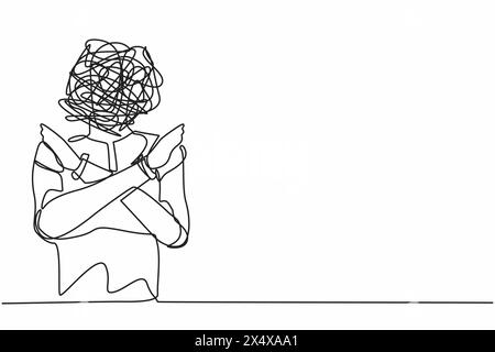 Single continuous line drawing robot with round scribbles instead of ahead, making x symbol, crossing hands, rejection, displeased. Robotic artificial Stock Vector