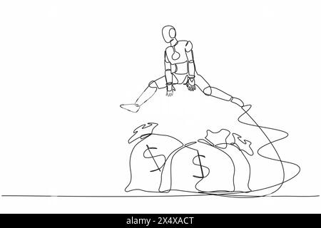 Single continuous line drawing robot jumping over money bag. Business loan or capital funding, money help in crisis. Modern robotic artificial intelli Stock Vector
