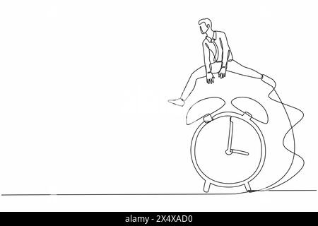 Single continuous line drawing smart and happy businessman jump over time passing alarm clock. Business deadline or working time efficiency concept. O Stock Vector