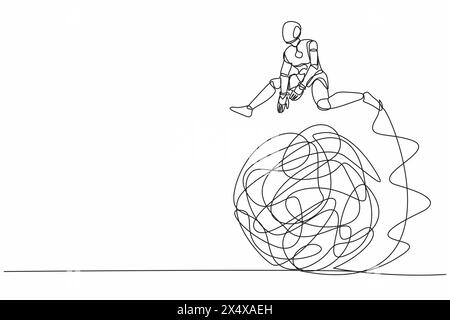 Single one line drawing robot jumping over tangled scribble. Overcoming complexity of problem. Future technology development. Artificial intelligence. Stock Vector