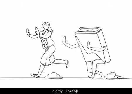 Single continuous line drawing scared businesswoman being chased by book. Female worker hurry in higher education to pursue career growth. Minimalism Stock Vector