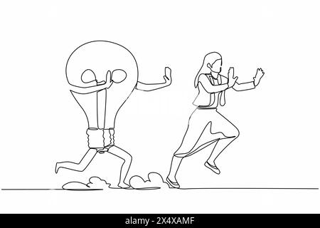 Single continuous line drawing scared businesswoman being chased by light bulb. Female manager losing business idea, inspiration, innovation. Minimali Stock Vector