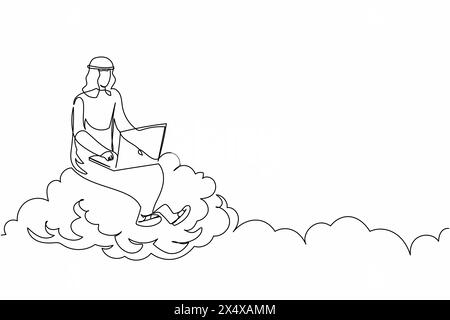 Continuous one line drawing Arab businessman sitting on cloud in sky and working with laptop. Wireless internet connection. Social networking media. S Stock Vector