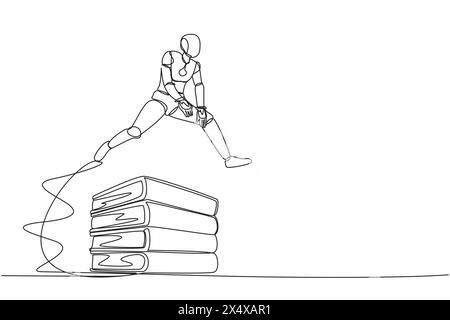 Single one line drawing robot jumping over pile of big binders. Stack of paper work document. Information classification. Future technology developmen Stock Vector