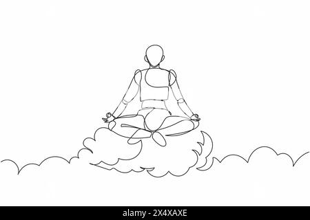 Single continuous line drawing robot meditates and resting in yoga position on clouds. Modern robotic artificial intelligence. Electronic technology i Stock Vector