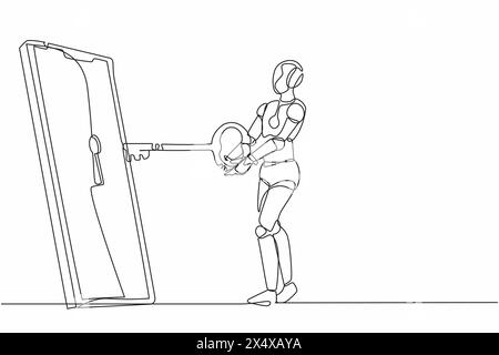 Continuous one line drawing robot put key into smartphone. Data privacy for protect user from hacker. Password security. Humanoid robot cybernetic org Stock Vector