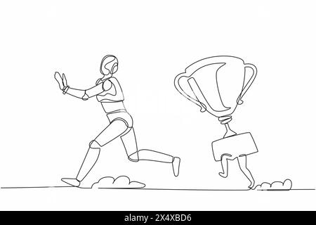 Single continuous line drawing stressed robot being chased by trophy. Confused with business goals for winning competition. Robotic artificial intelli Stock Vector