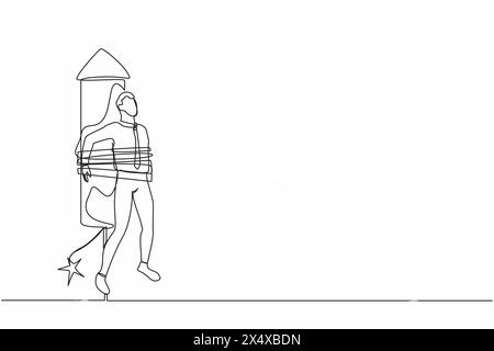 Continuous one line drawing businessman being tied to launching rocket, feeling anxious and scared. Fear of impending disaster. Career failure concept Stock Vector