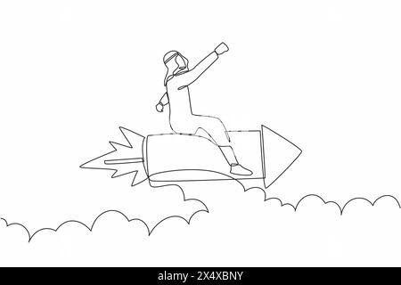 Continuous one line drawing Arab businessman flying high riding firework rocket. Ready to launching new startup business digital. Minimal metaphor. Si Stock Vector