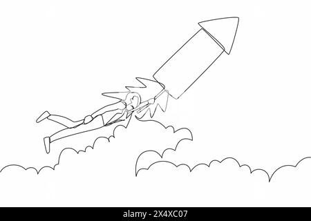 Single one line drawing businesswoman fly on firework rocket while looking at business opportunities. Excited employee searching for project innovatio Stock Vector