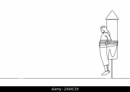 Single one line drawing Arabian businessman being tied to launching rocket, feeling anxious and scared. Fear of economic disaster. Business failure. C Stock Vector