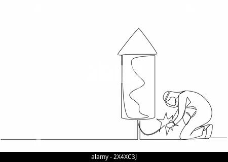 Single one line drawing Arab businessman launching firework rocket. Grow business, boost investment profit or earning, increase growth or economic boo Stock Vector