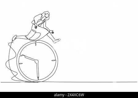 Single one line drawing businesswoman jump over time passing clock. Good time management, scheduling. Successful task planning, work effectiveness. Co Stock Vector