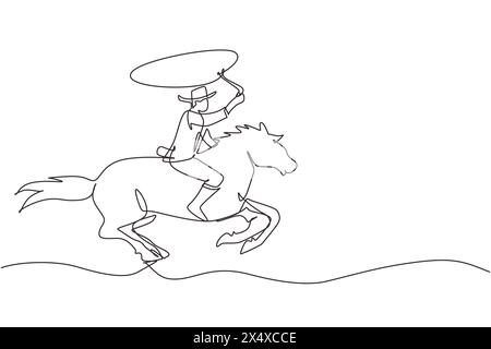 Continuous one line drawing cowboy on horse galloping across desert. Cowboy on bucking horse running with lasso. Cowboy with rope lasso on horse. Sing Stock Vector