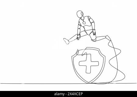 Single one line drawing robot jump over big shield. Protection, insurance, from business danger. Future technology development. Artificial intelligenc Stock Vector