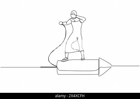 Continuous one line drawing Arab businesswoman standing on firework rocket, trying to set it on fire to growth career track. Agility motivation for su Stock Vector