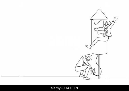 Continuous one line drawing businesswoman ignites fireworks rocket while her teammates prepare to fly on the rocket. Business innovation metaphor. Sin Stock Vector