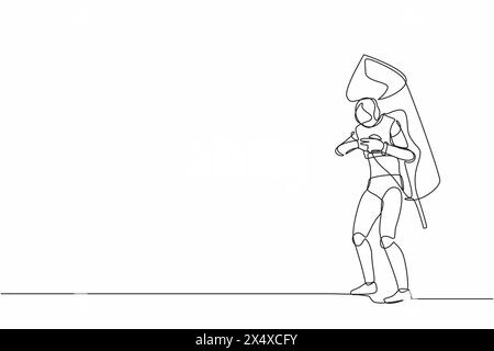 Continuous one line drawing robot ignites big fireworks rocket attached to his back. Humanoid robot cybernetic organism. Future robotic development. S Stock Vector