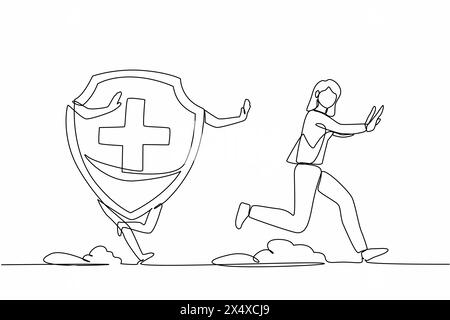 Single continuous line drawing scared businesswoman being chased by shield. Office worker out off financial or healthcare insurance. Minimalism metaph Stock Vector