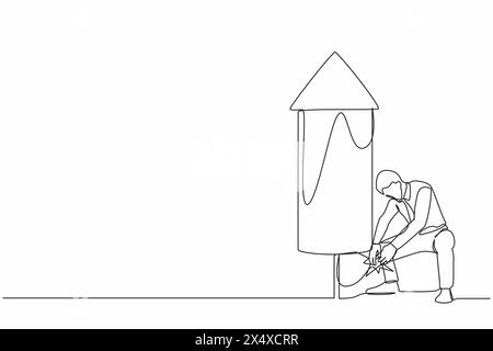 Single continuous line drawing businessman launching firework rocket. Grow business, boost investment profit or earnings, increase growth or economic Stock Vector