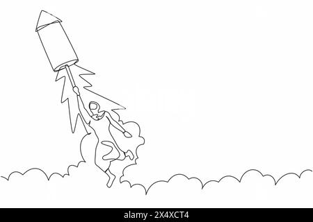 Single continuous line drawing Arabian businesswoman fly on fireworks rocket and looking business opportunities. Motivated office worker prepare for p Stock Vector