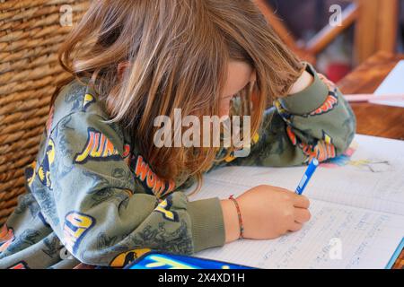 Italy, Sicily; 8 years old male child doing his homework on a table at home Stock Photo