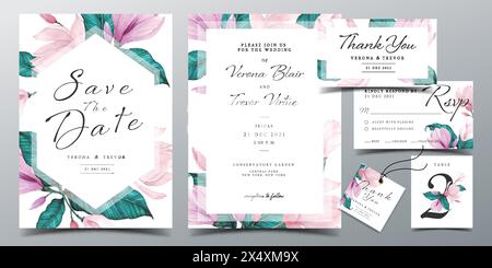 Luxury wedding invitation card template in burgundy color theme with red rose watercolor decoration Stock Vector