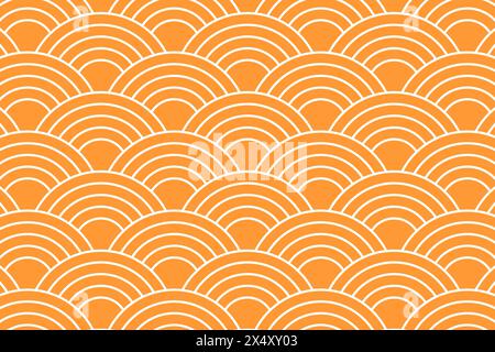 Orange arch shapes. Repeating suns wallpaper. Japanese seigaiha pattern. Sea or ocean waves background. Scallops print. Fish squama or dragon scale. Simple geometric ornament. Vector flat illustration Stock Vector