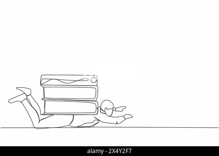 Single continuous line drawing depressed businessman under heavy stack paper and folder burden. Paperwork stress pressure metaphor. Office worker over Stock Vector