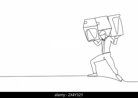 Single continuous line drawing of exhausted businessman carrying heavy pile of boxes on his back. Stress at work. Bureaucracy, paperwork, big data ana Stock Vector