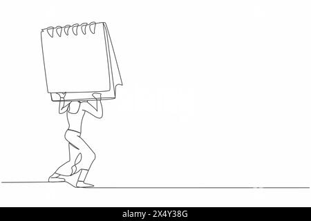 Single continuous line drawing frustrated businesswoman carrying heavy calendar on her back. Tired worker daily problem. Stressful job with deadline. Stock Vector