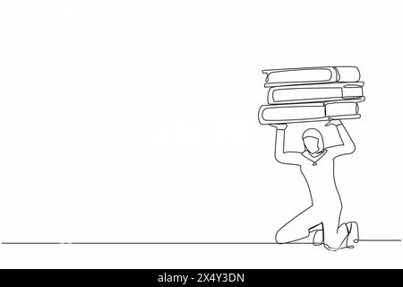 Single continuous line drawing Arabian businesswoman carrying heavy pile of paper folder on her back. Stressed employee with paperwork pressure. Overw Stock Vector