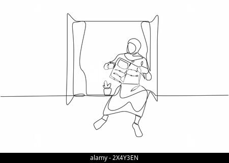 Single continuous line drawing young Arab woman sitting on windowsill and reads newspaper. Relaxed in balcony. Home activities. Stay at home during qu Stock Vector