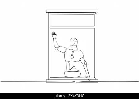 Continuous one line drawing robot waving at window as look like to greet or invite friends to come in. Humanoid robot cybernetic organism. Future robo Stock Vector