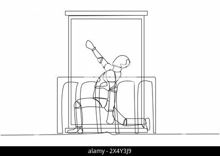 Continuous one line drawing robot with headphone practices yoga near window or balcony. Sports, workout, exercise activity. Humanoid robot cybernetic Stock Vector
