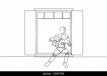 Continuous one line drawing of relaxed robot sitting on windowsill and reads newspaper. Cozy balcony. Humanoid robot cybernetic organism. Future robot Stock Vector