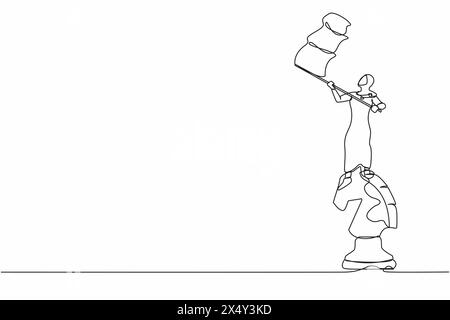 Single one line drawing Arab businesswoman standing on top of big horse chess piece and waving a flag. Defeat competitors in business as winning chess Stock Vector