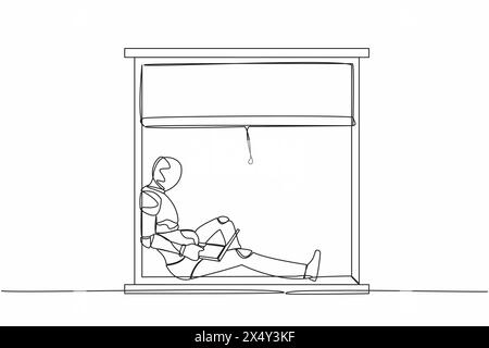 Continuous one line drawing robot freelancer sitting on windowsill, working using laptop. Remote work from home. Humanoid robot organism. Future robot Stock Vector