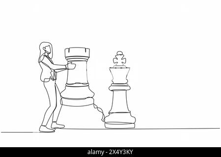 Single continuous line drawing businesswoman holding rook chess piece. Strategic planning, business development strategy, tactics in entrepreneurship. Stock Vector