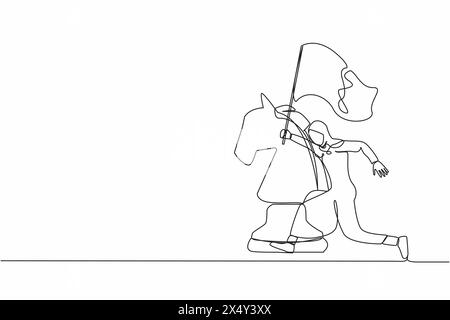 Continuous one line drawing Arab businesswoman running and holding flag beside big horse chess piece. Celebrate business achievement goal, win competi Stock Vector