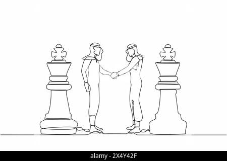 Continuous one line drawing two Arab businessmen shaking hands together while standing between of king chess pieces. Agreement or partnership decision Stock Vector