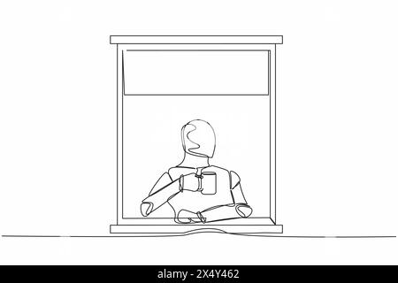 Single continuous line drawing robot enjoy hot coffee or tea in window house, holding mug, looking through window. Future technology. Artificial intel Stock Vector