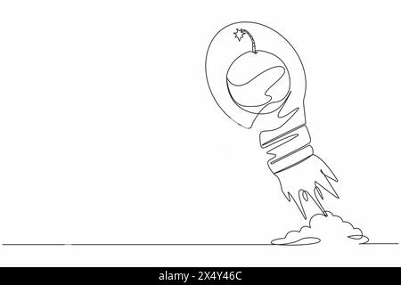 Continuous one line drawing bomb launching with light bulb. Anticipation economic or financial crisis in startup business. Boosting ideas planning str Stock Vector