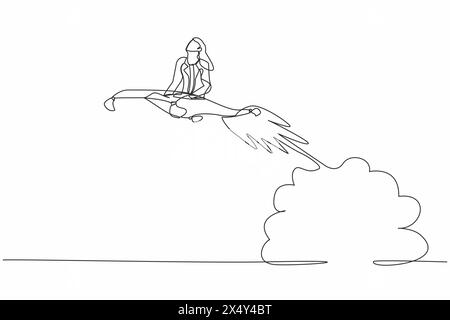 Single one line drawing businesswoman riding magic carpet rocket flying in the sky. Launch new textile business. Acceleration or increase sales growth Stock Vector