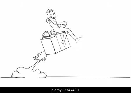 Continuous one line drawing Arabian businessman riding gift box rocket flying in the sky. Fast shipping or delivery. Cardboard box for moving and pack Stock Vector