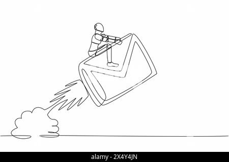 Single one line drawing robot riding paper envelope rocket flying in sky. Launch digital message project. Robotic artificial intelligence technology. Stock Vector