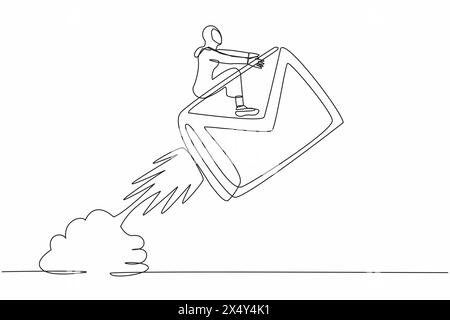 Single continuous line drawing Arabian businesswoman riding paper envelope rocket flying in sky. Concept of social media, digital message development Stock Vector